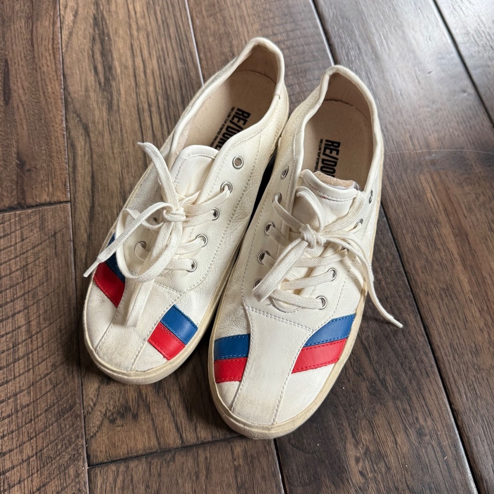 RE/DONE 70s Low Top Striped Sneakers Off White Leather Red Blue Size 40 Womens